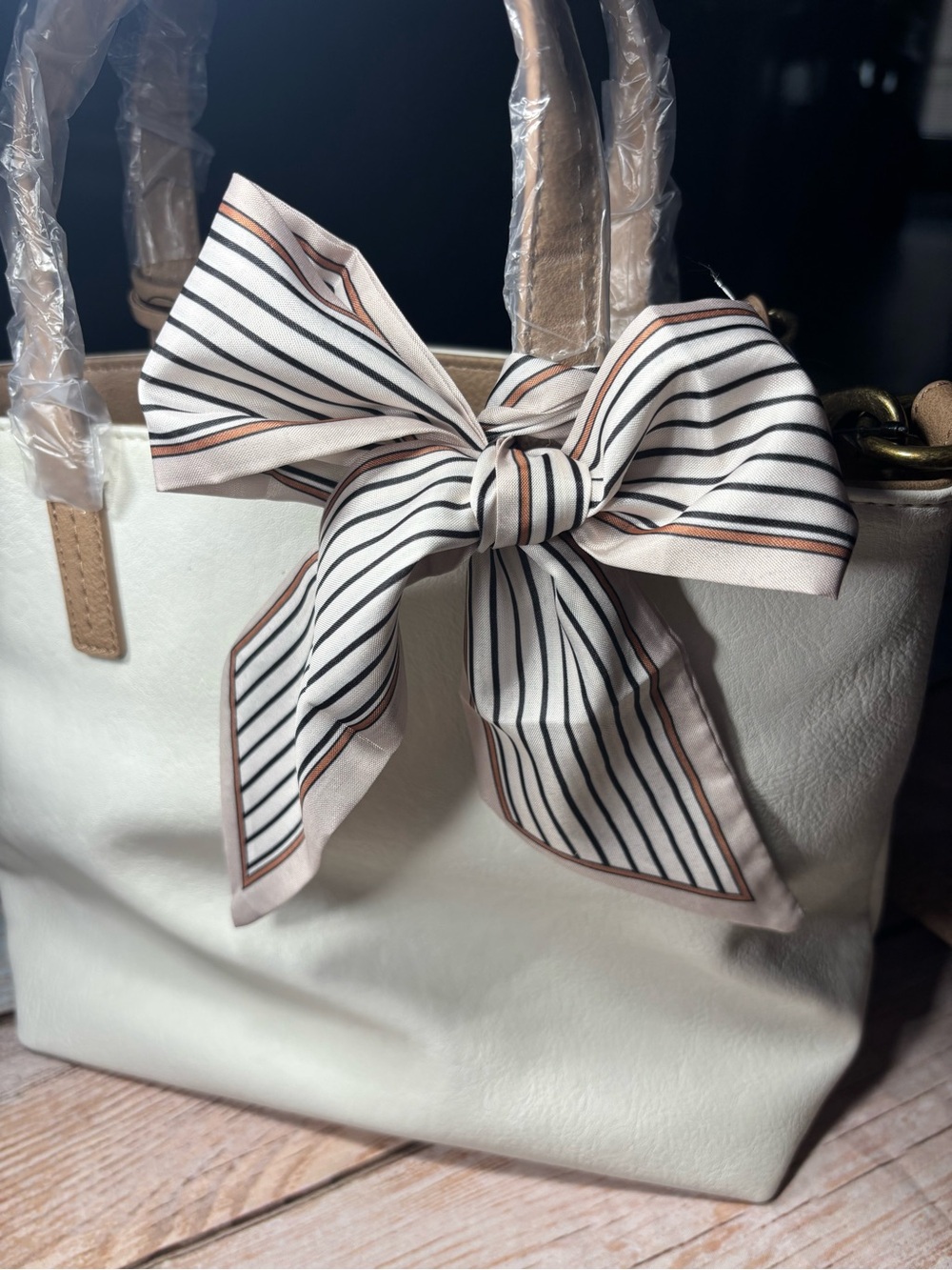 New Striped Scarf in White, Black, and Taupe Twilly Purse Bag 2.5” x 35”